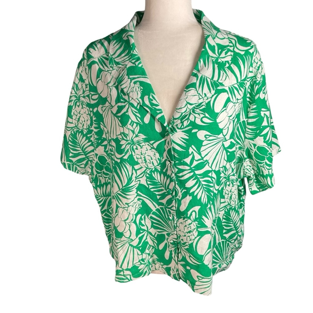Nicole Miller Green White Tropical Leaf Floral Flax Linen Camp Shirt Size XL